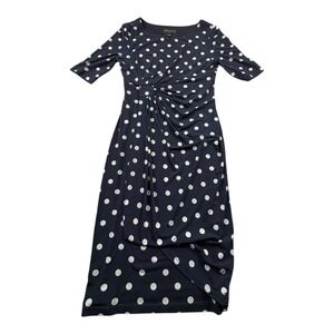 Connected Apparel Navy Polka Dot Twist Front Midi Dress Size 8 Stretch